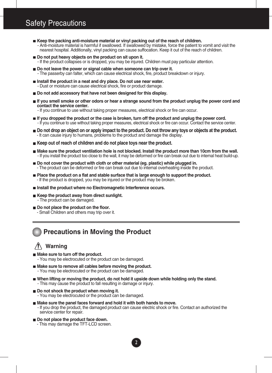 Precautions in moving the product, Safety precautions | LG L200ME-BF User Manual | Page 3 / 25