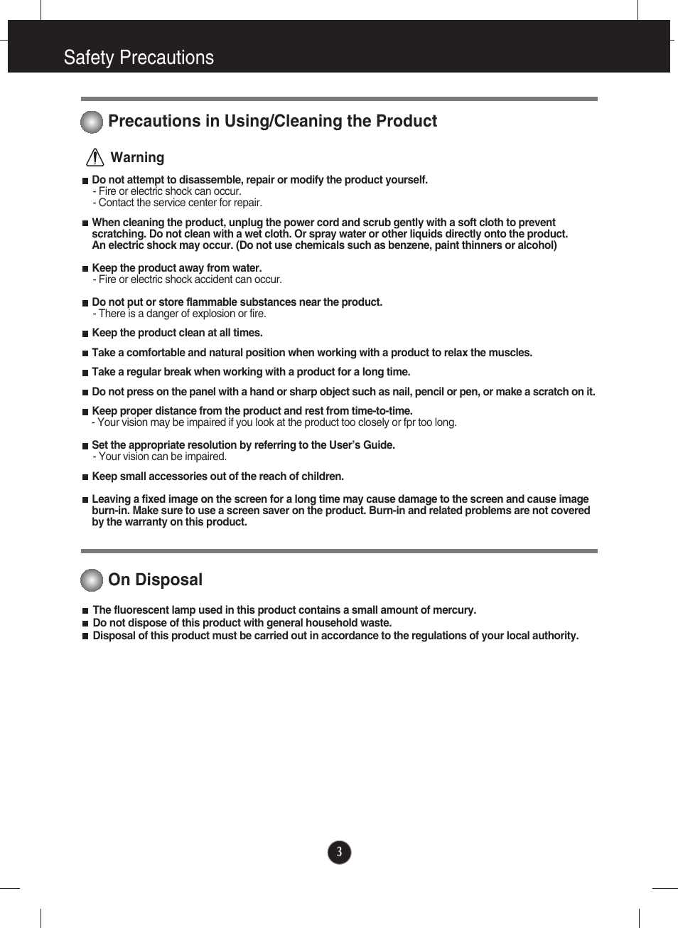 Precautions in using/cleaning the product, On disposal, Safety precautions | LG L200ME-BF User Manual | Page 4 / 25