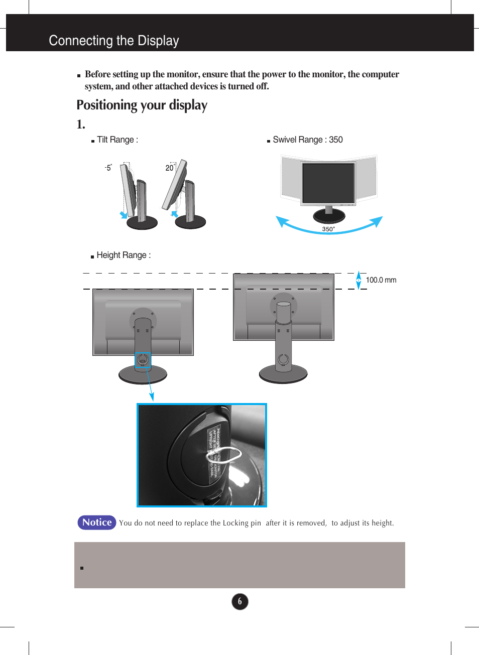 Positioning your display, Connecting the display | LG L200ME-BF User Manual | Page 7 / 25