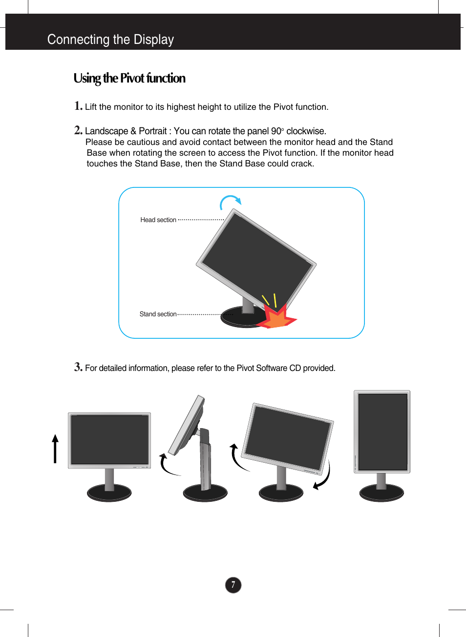 Using the pivot function, Connecting the display | LG L200ME-BF User Manual | Page 8 / 25