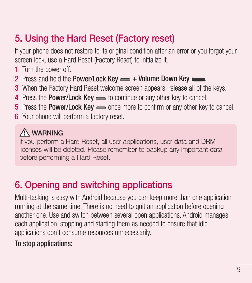 Using the hard reset (factory reset), Opening and switching applications | LG LGL39C User Manual | Page 10 / 201