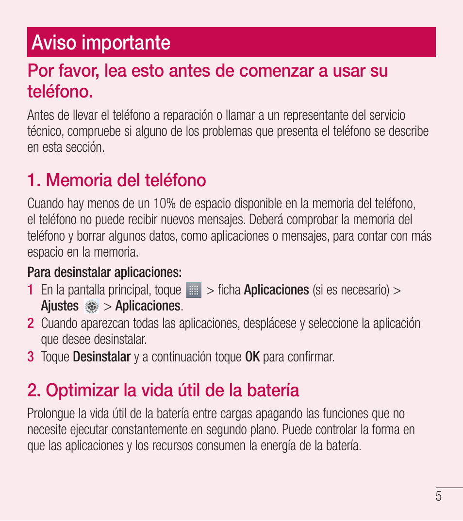 Aviso importante, Optimizar la vida útil de la batería | LG LGL39C User Manual | Page 102 / 201