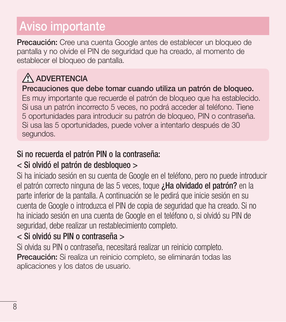 Aviso importante | LG LGL39C User Manual | Page 105 / 201