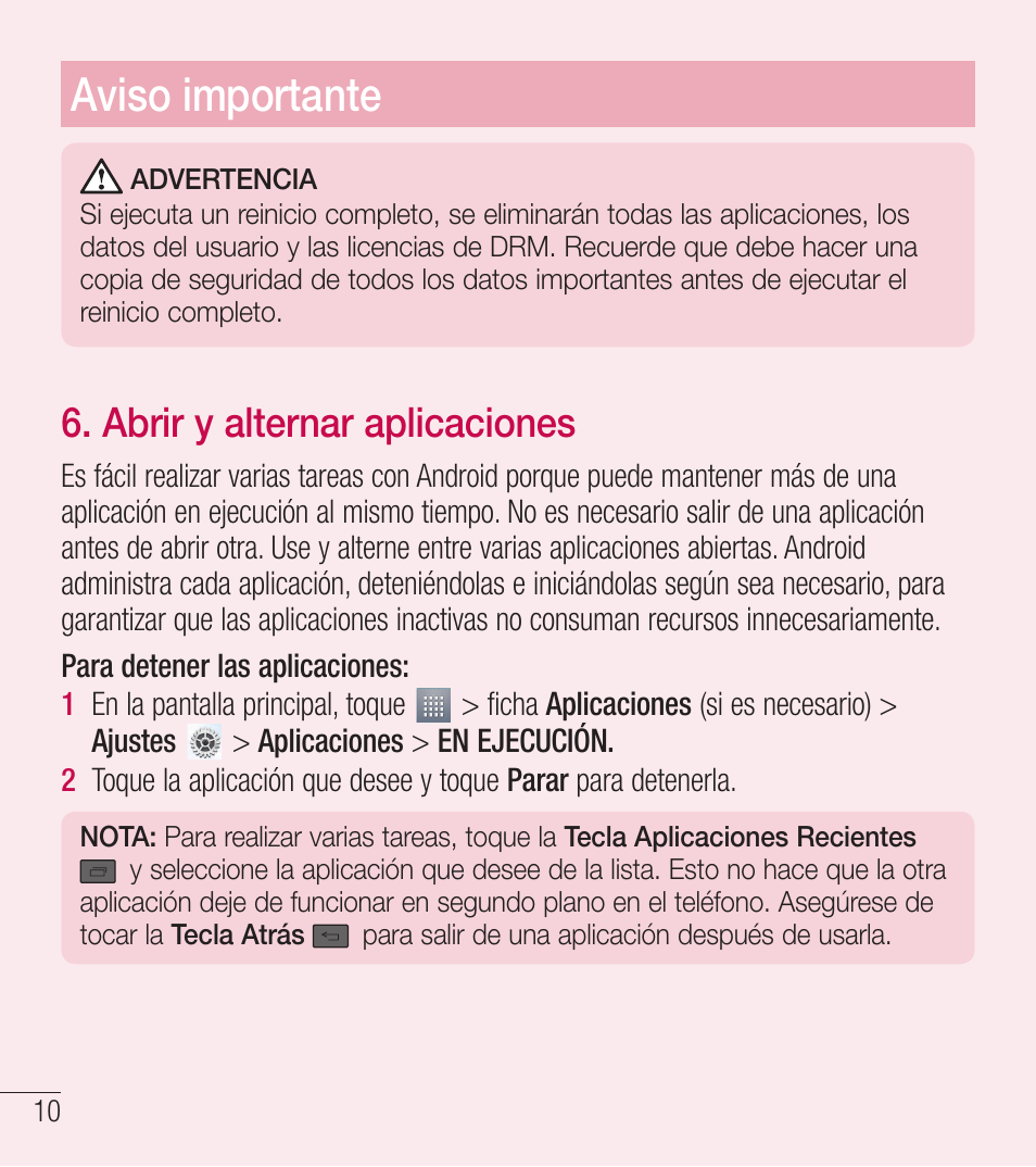 Aviso importante, Abrir y alternar aplicaciones | LG LGL39C User Manual | Page 107 / 201