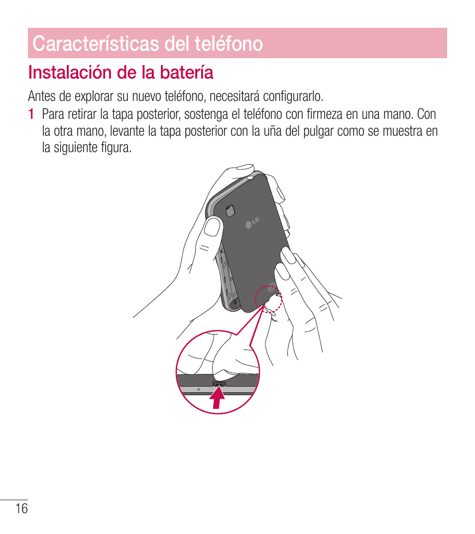 Características del teléfono, Instalación de la batería | LG LGL39C User Manual | Page 113 / 201