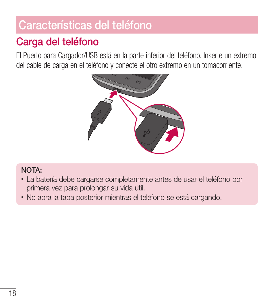 Características del teléfono, Carga del teléfono | LG LGL39C User Manual | Page 115 / 201