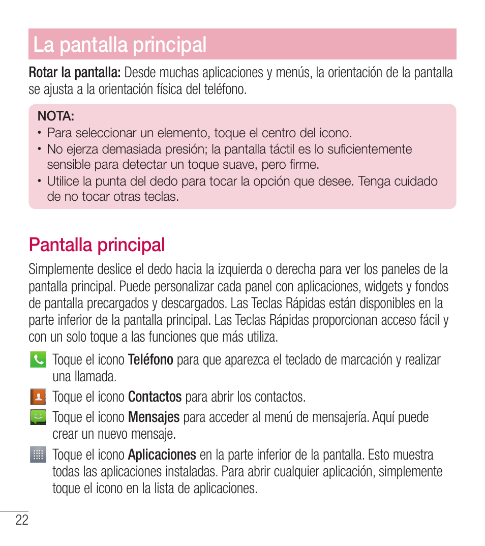 La pantalla principal, Pantalla principal | LG LGL39C User Manual | Page 119 / 201