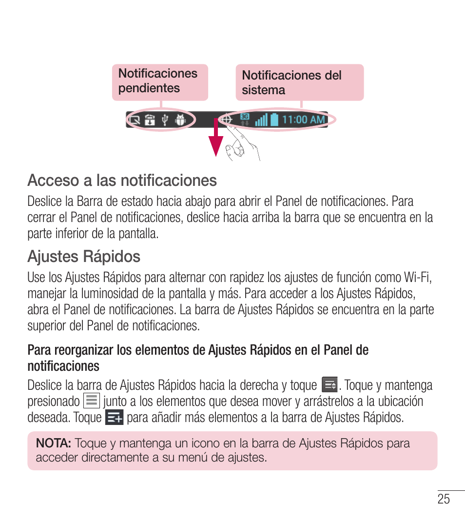 Acceso a las notificaciones, Ajustes rápidos | LG LGL39C User Manual | Page 122 / 201