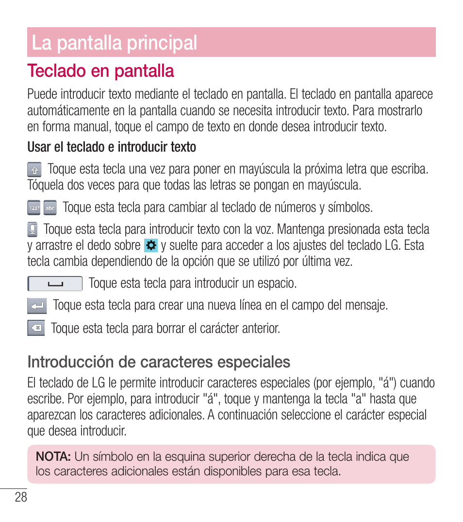 La pantalla principal, Teclado en pantalla | LG LGL39C User Manual | Page 125 / 201