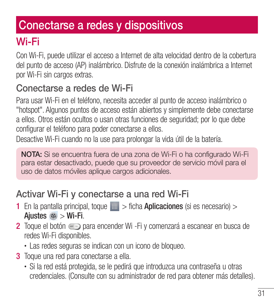 Conectarse a redes y dispositivos, Wi-fi, Conectarse a redes de wi-fi | Activar wi-fi y conectarse a una red wi-fi | LG LGL39C User Manual | Page 128 / 201