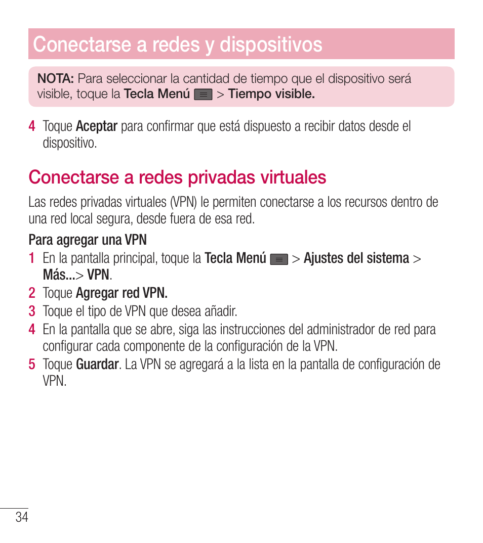 Conectarse a redes y dispositivos, Conectarse a redes privadas virtuales | LG LGL39C User Manual | Page 131 / 201