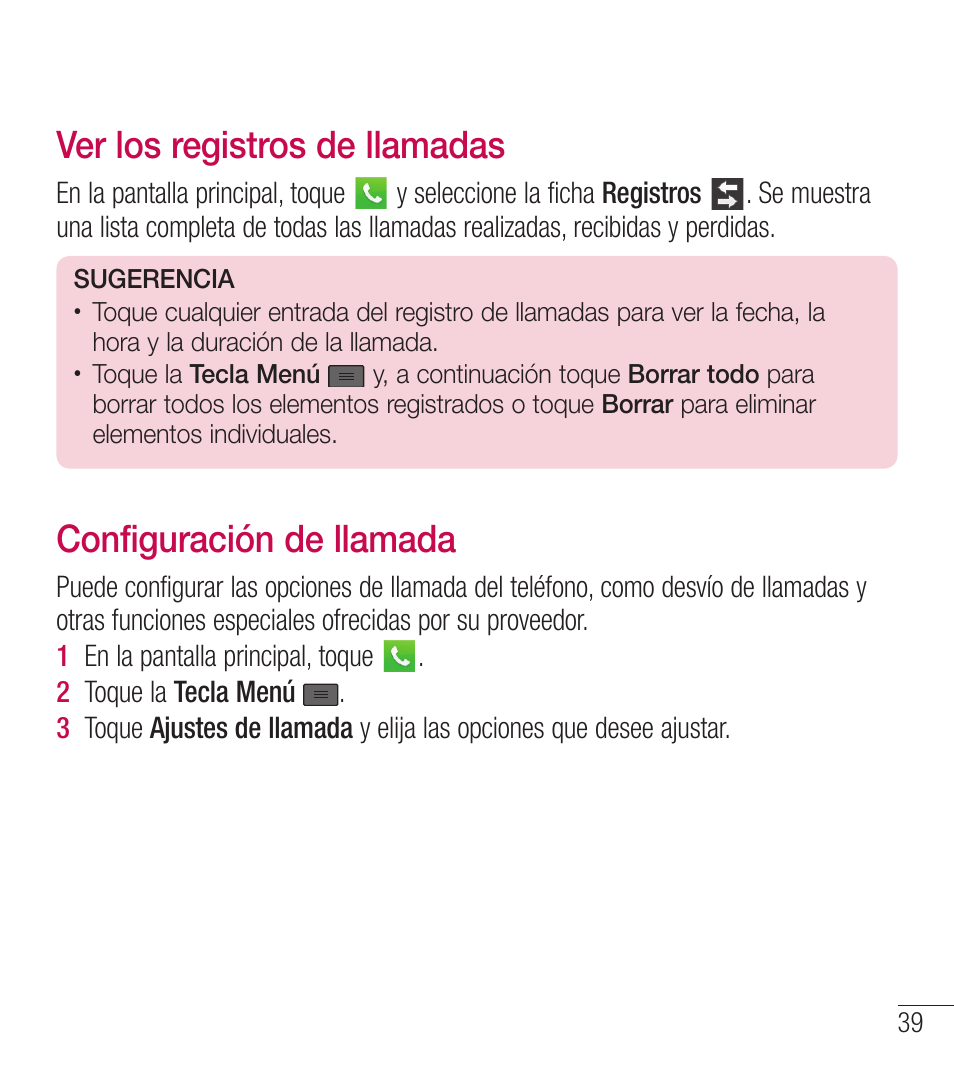 Ver los registros de llamadas, Configuración de llamada | LG LGL39C User Manual | Page 136 / 201