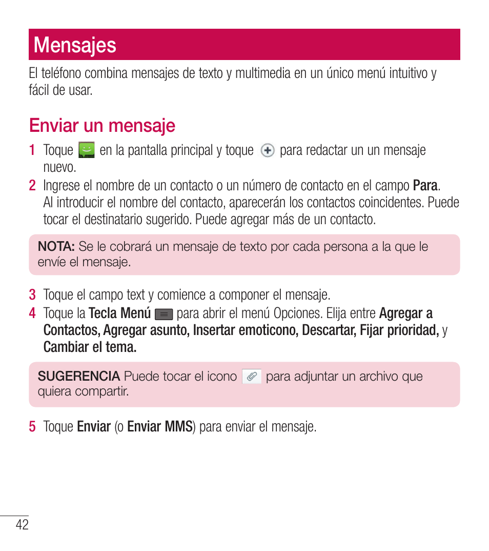 Mensajes, Enviar un mensaje | LG LGL39C User Manual | Page 139 / 201