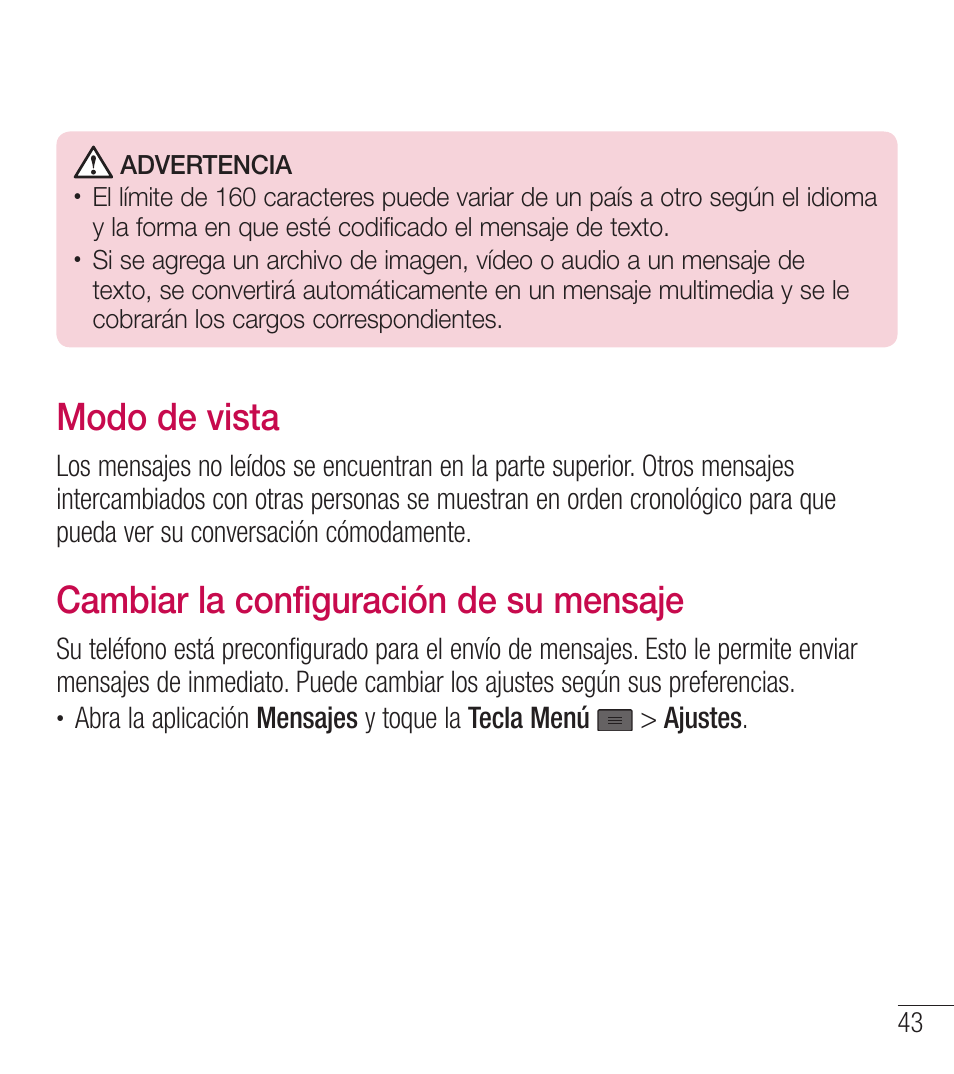 Modo de vista, Cambiar la configuración de su mensaje | LG LGL39C User Manual | Page 140 / 201