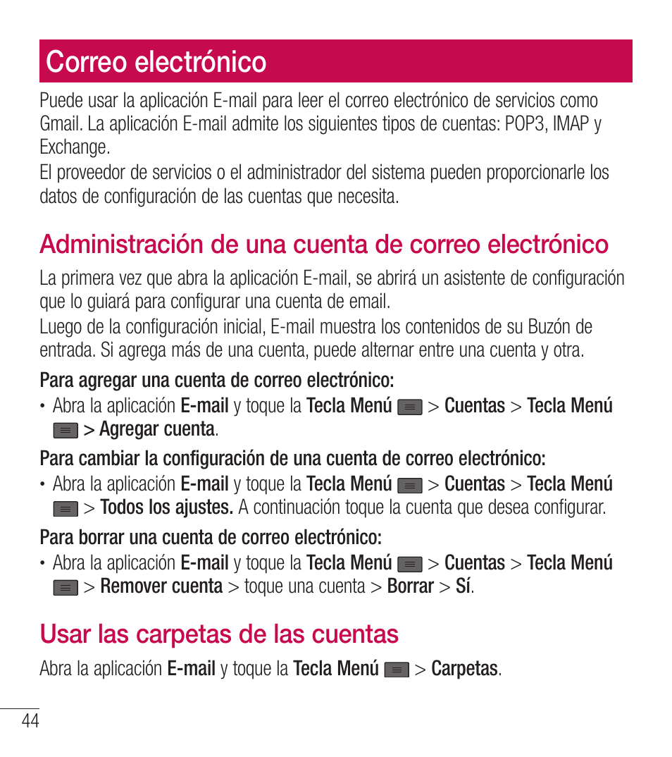 Correo electrónico, Administración de una cuenta de correo electrónico, Usar las carpetas de las cuentas | LG LGL39C User Manual | Page 141 / 201