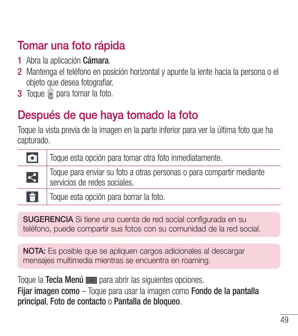 Tomar una foto rápida, Después de que haya tomado la foto | LG LGL39C User Manual | Page 146 / 201