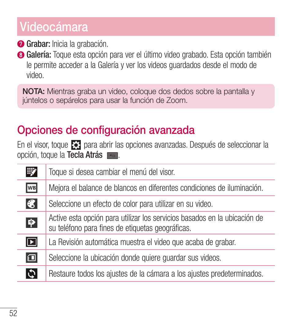 Videocámara, Opciones de configuración avanzada | LG LGL39C User Manual | Page 149 / 201