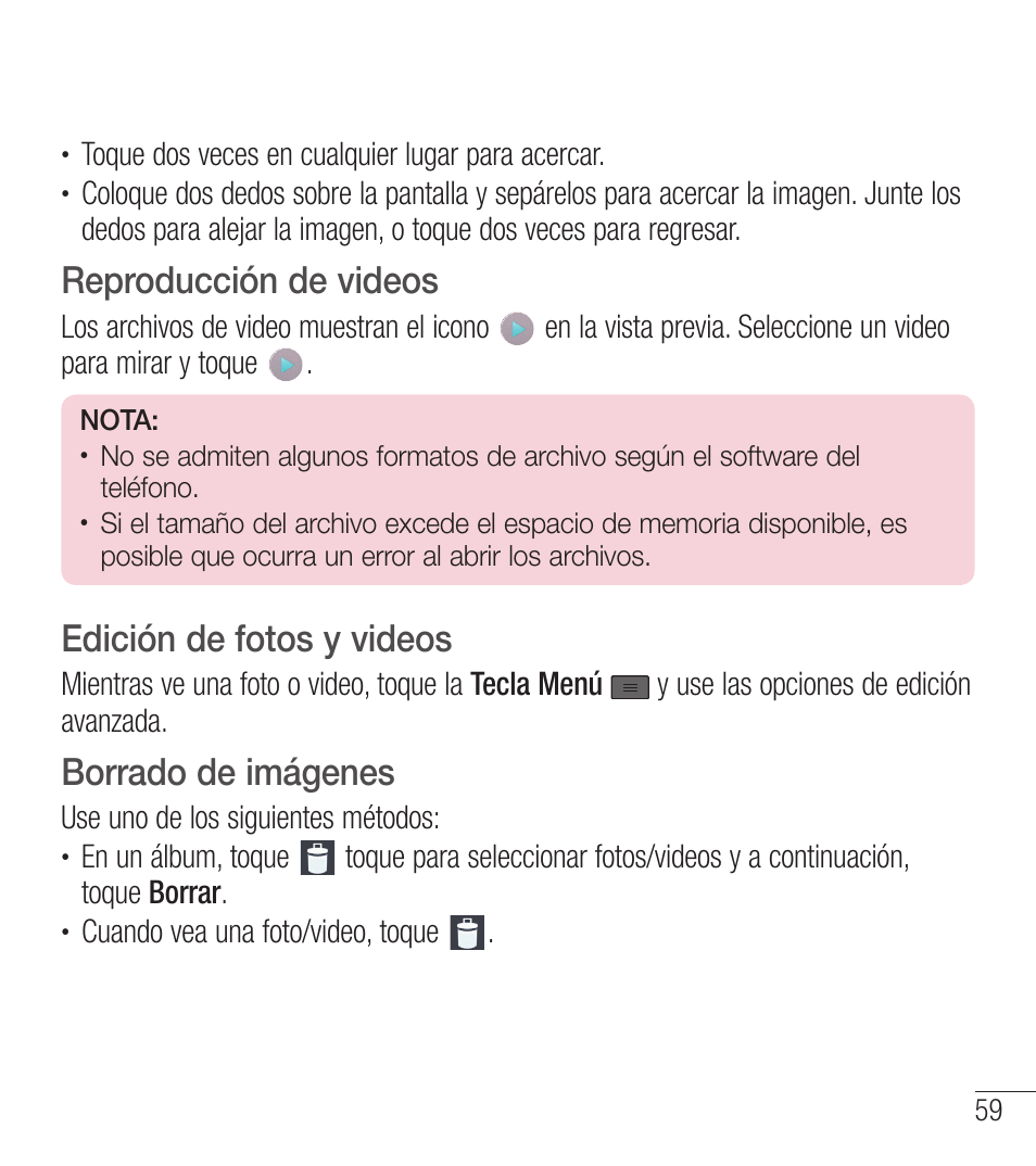 Reproducción de videos, Edición de fotos y videos, Borrado de imágenes | LG LGL39C User Manual | Page 156 / 201