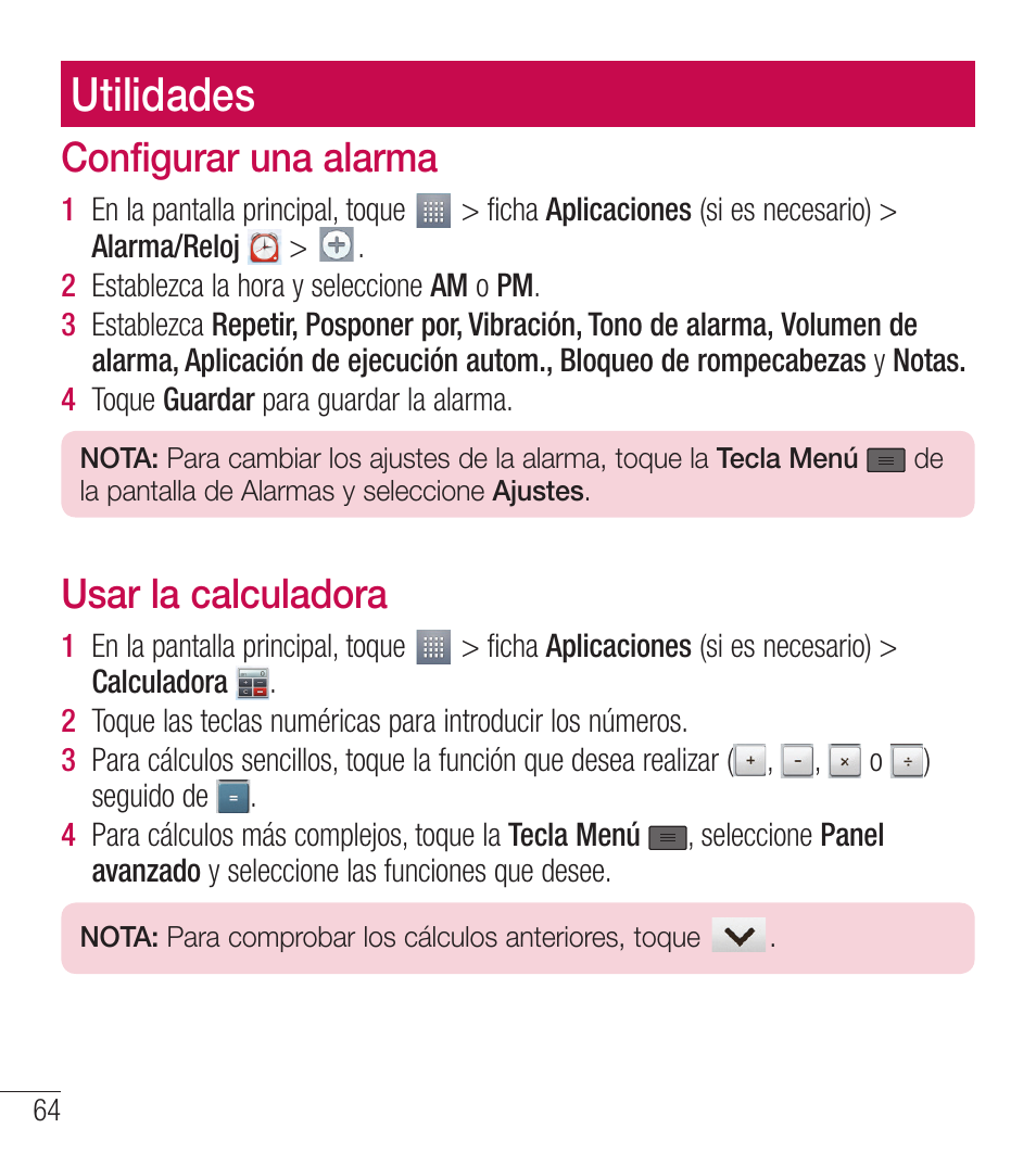 Utilidades, Configurar una alarma, Usar la calculadora | LG LGL39C User Manual | Page 161 / 201