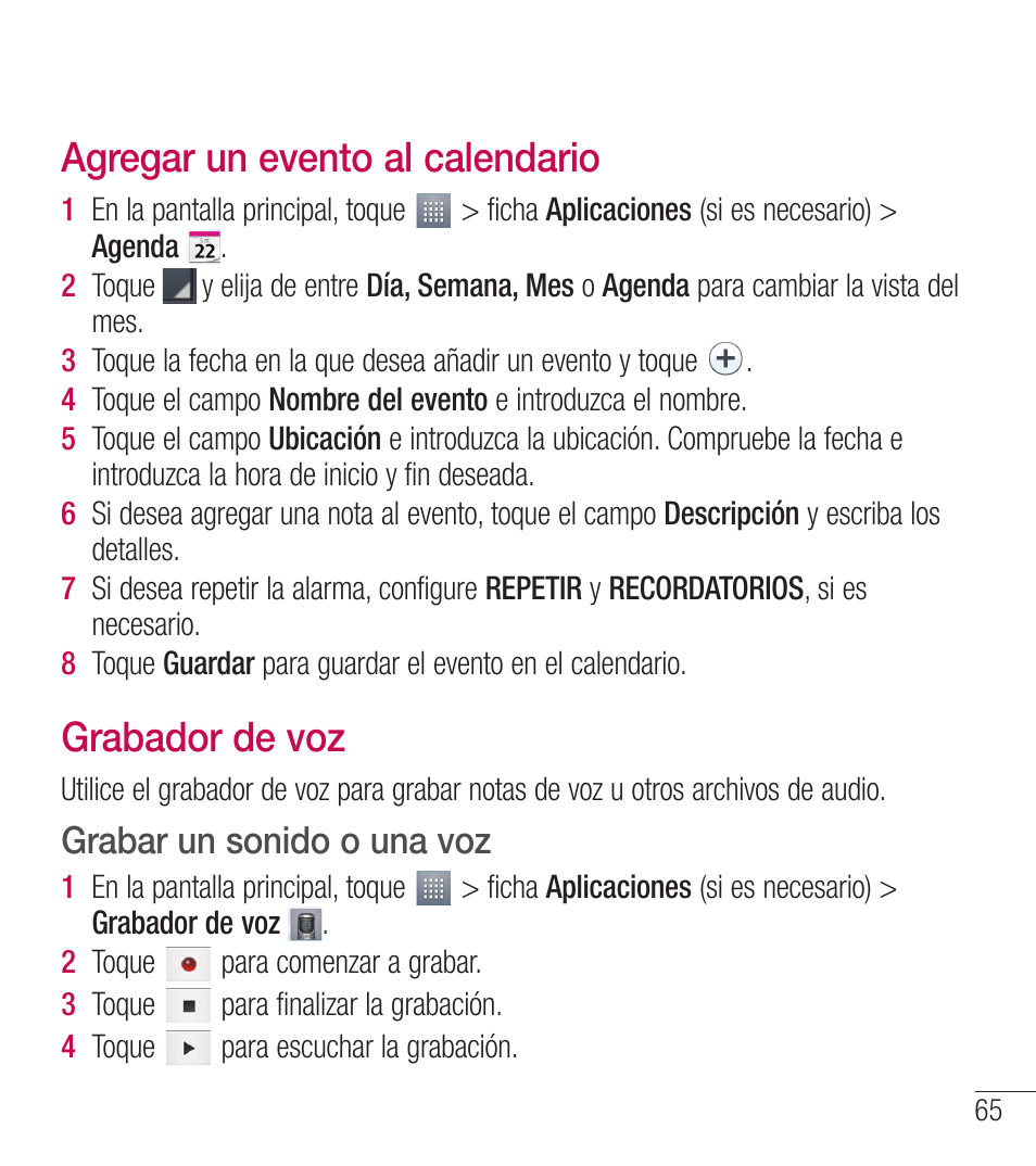 Agregar un evento al calendario, Grabador de voz, Grabar un sonido o una voz | LG LGL39C User Manual | Page 162 / 201