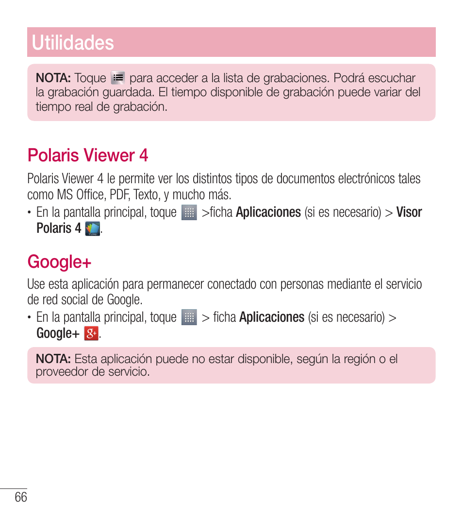 Utilidades, Polaris viewer 4, Google | LG LGL39C User Manual | Page 163 / 201