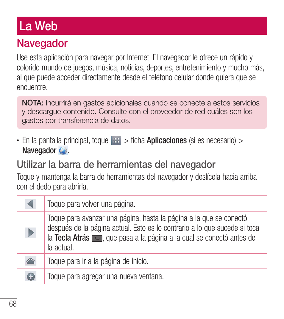 La web, Navegador, Utilizar la barra de herramientas del navegador | LG LGL39C User Manual | Page 165 / 201