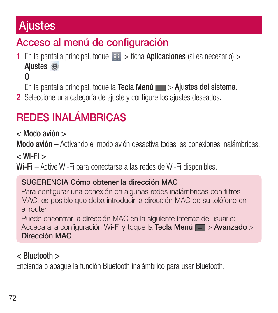 Ajustes, Acceso al menú de configuración, Redes inalámbricas | LG LGL39C User Manual | Page 169 / 201