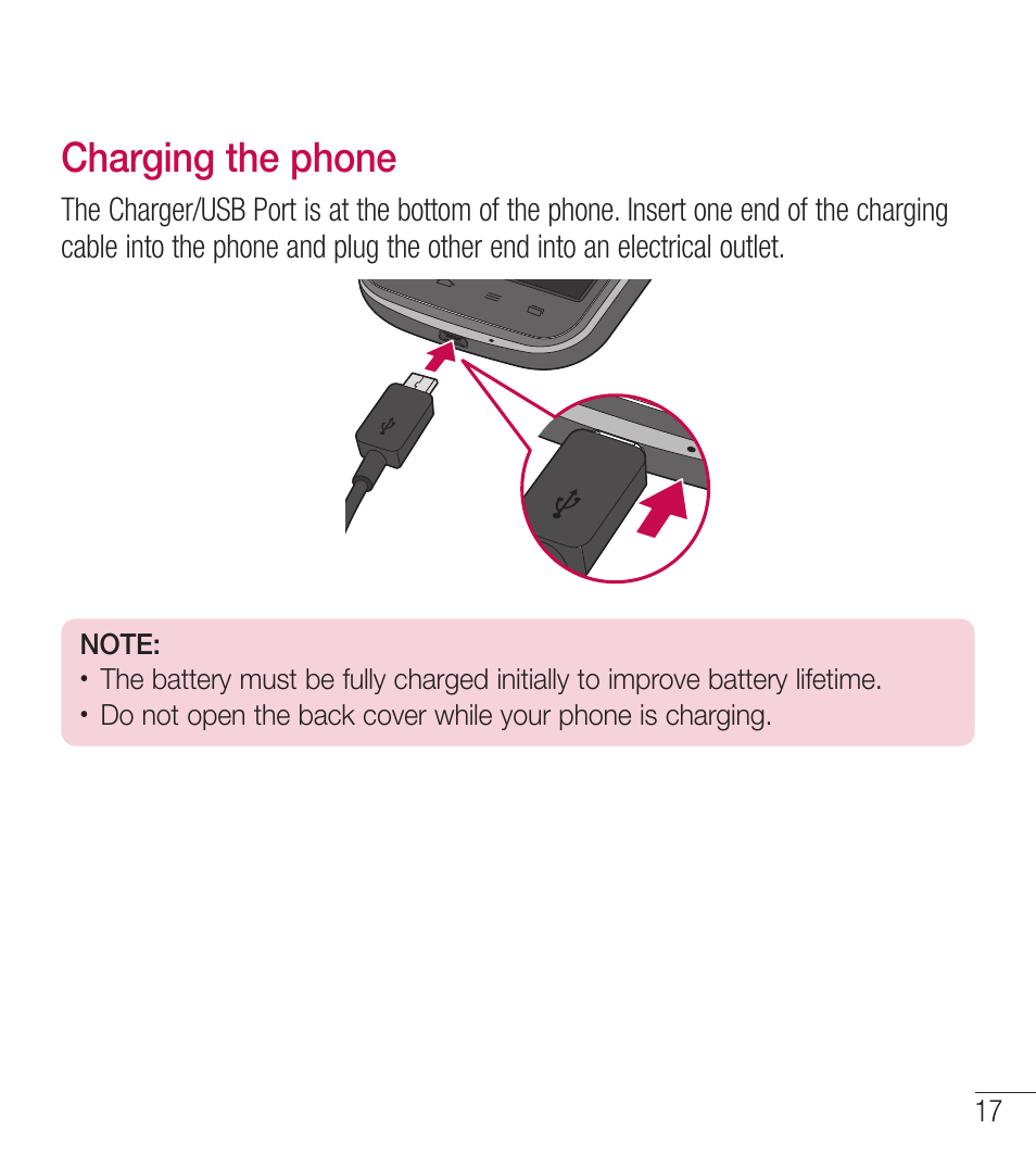 Charging the phone | LG LGL39C User Manual | Page 18 / 201