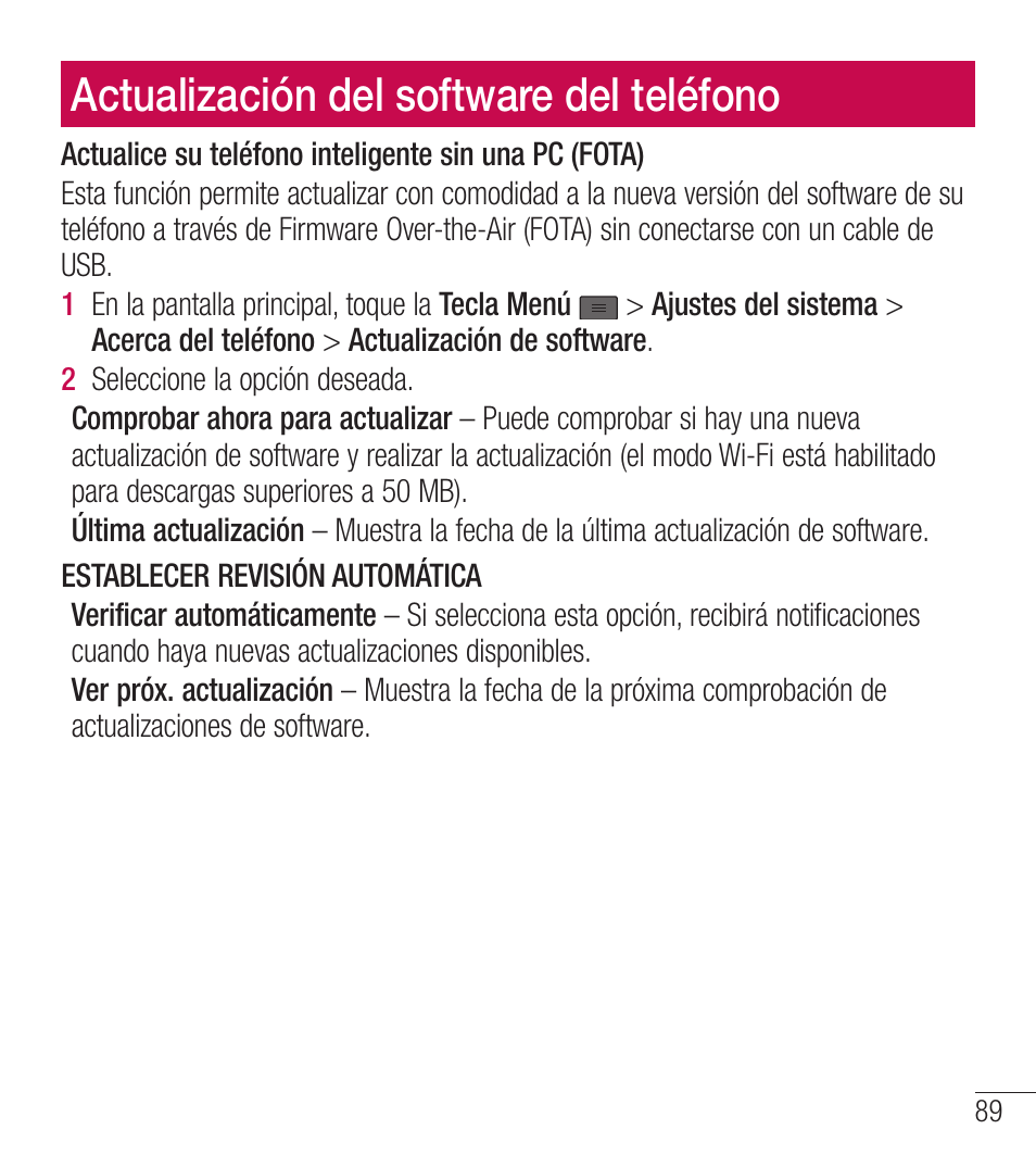 Actualización del software del teléfono | LG LGL39C User Manual | Page 186 / 201