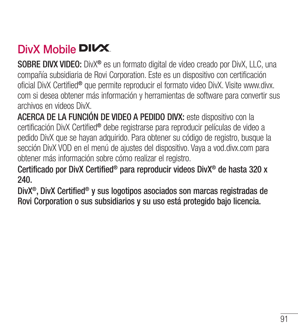 Divx mobile, Sobre divx video: divx, Para reproducir videos divx | Divx certified | LG LGL39C User Manual | Page 188 / 201