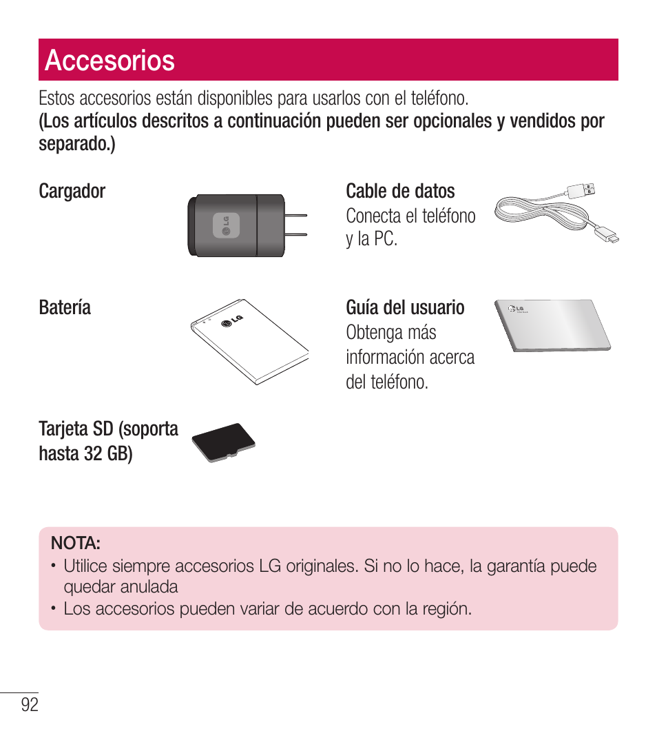 Accesorios | LG LGL39C User Manual | Page 189 / 201