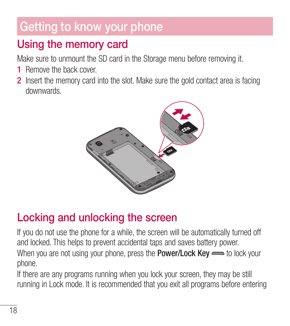 Getting to know your phone, Locking and unlocking the screen | LG LGL39C User Manual | Page 19 / 201