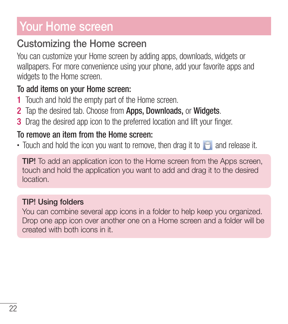 Your home screen, Customizing the home screen | LG LGL39C User Manual | Page 23 / 201