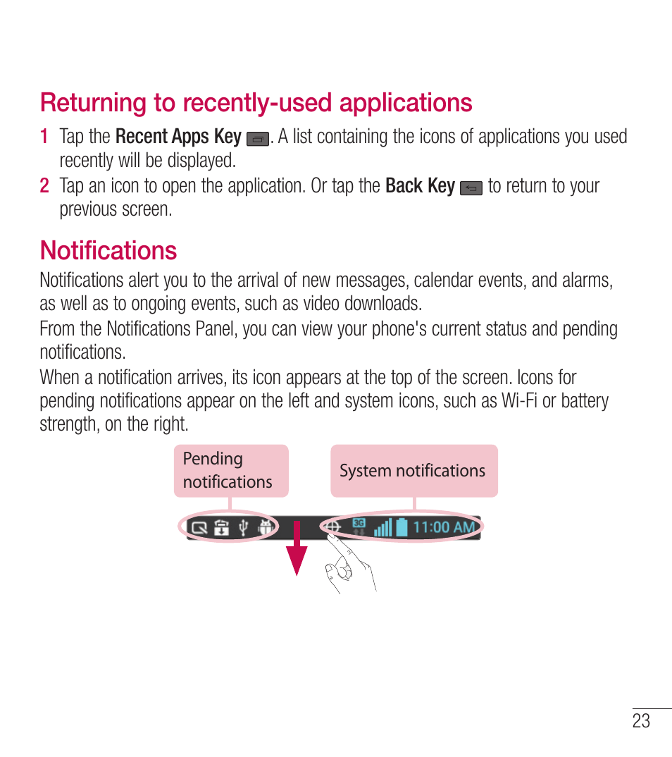 Returning to recently-used applications, Notifications | LG LGL39C User Manual | Page 24 / 201