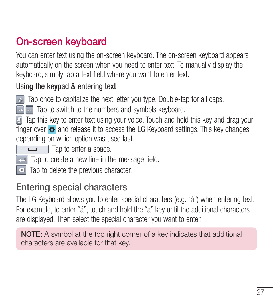 On-screen keyboard, Entering special characters | LG LGL39C User Manual | Page 28 / 201