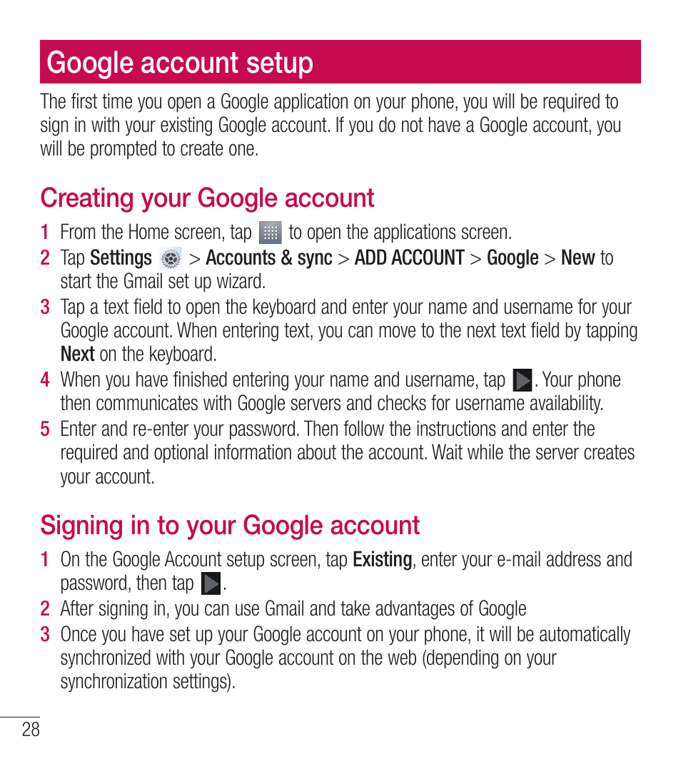 Google account setup, Creating your google account, Signing in to your google account | LG LGL39C User Manual | Page 29 / 201