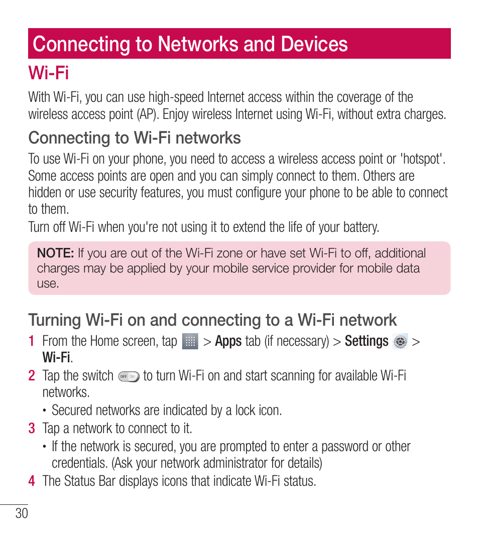 Connecting to networks and devices, Wi-fi, Connecting to wi-fi networks | Turning wi-fi on and connecting to a wi-fi network | LG LGL39C User Manual | Page 31 / 201