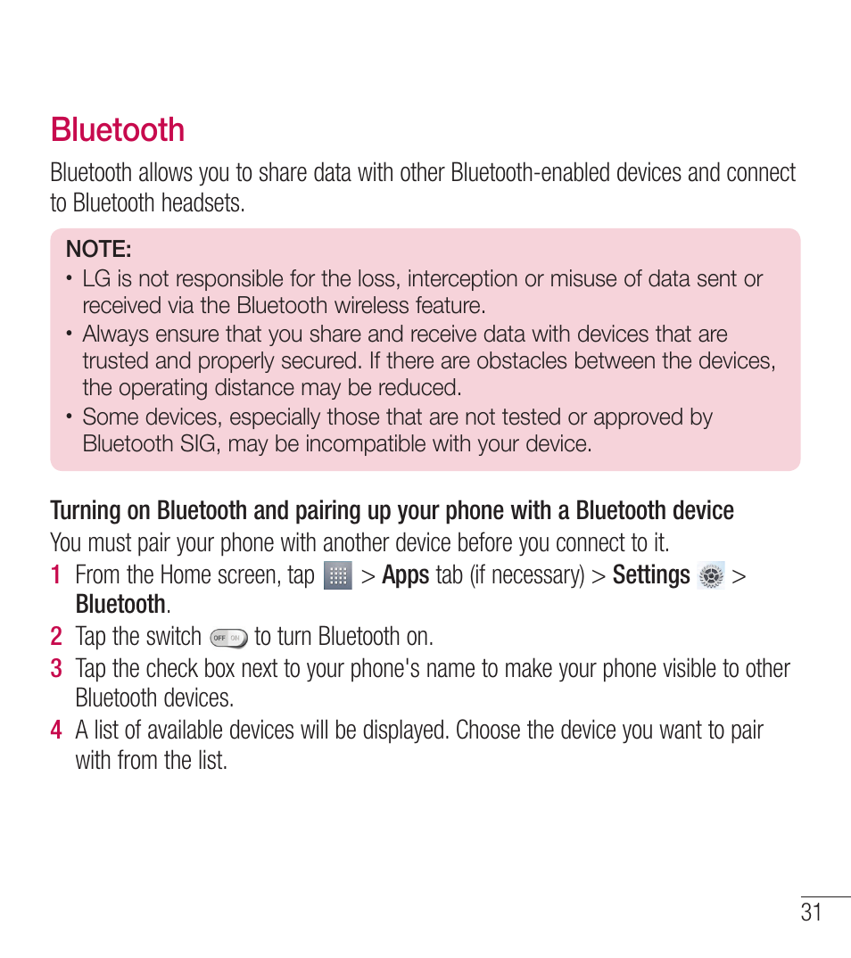 Bluetooth | LG LGL39C User Manual | Page 32 / 201