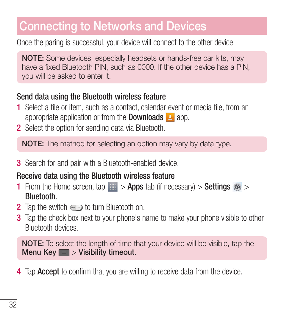 Connecting to networks and devices | LG LGL39C User Manual | Page 33 / 201