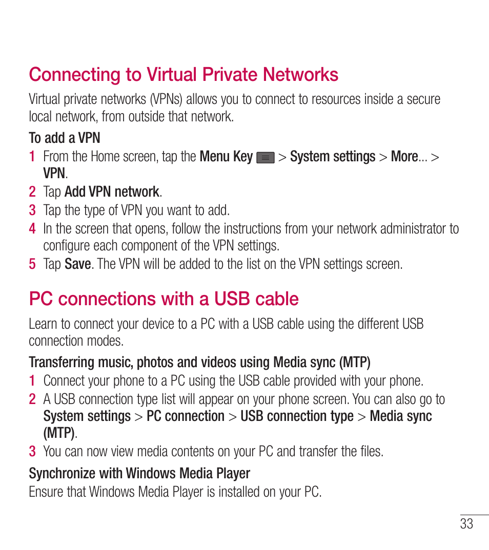 Connecting to virtual private networks, Pc connections with a usb cable | LG LGL39C User Manual | Page 34 / 201