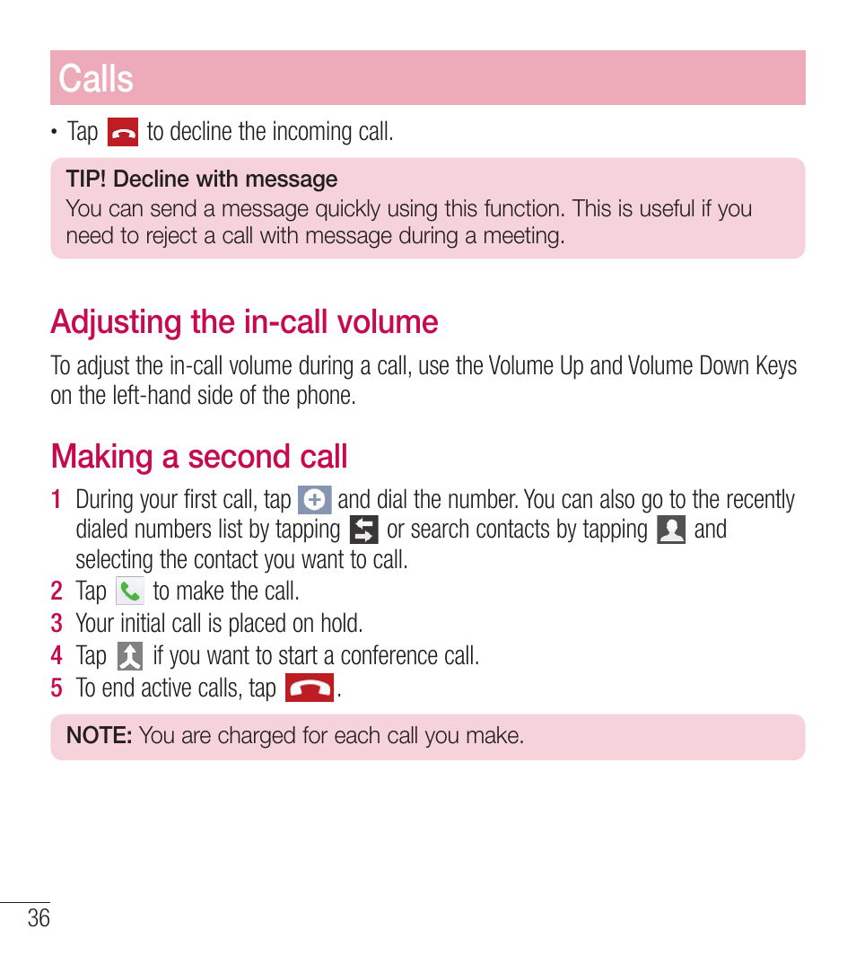 Calls, Adjusting the in-call volume, Making a second call | LG LGL39C User Manual | Page 37 / 201