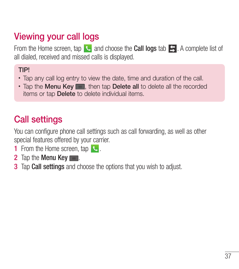 Viewing your call logs, Call settings | LG LGL39C User Manual | Page 38 / 201