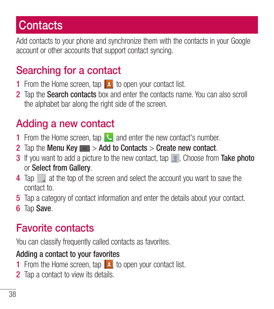 Contacts, Searching for a contact, Adding a new contact | Favorite contacts | LG LGL39C User Manual | Page 39 / 201