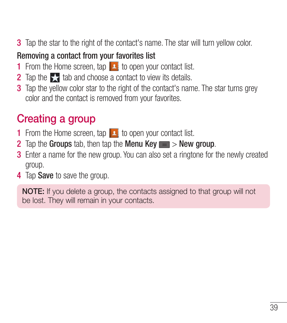 Creating a group | LG LGL39C User Manual | Page 40 / 201