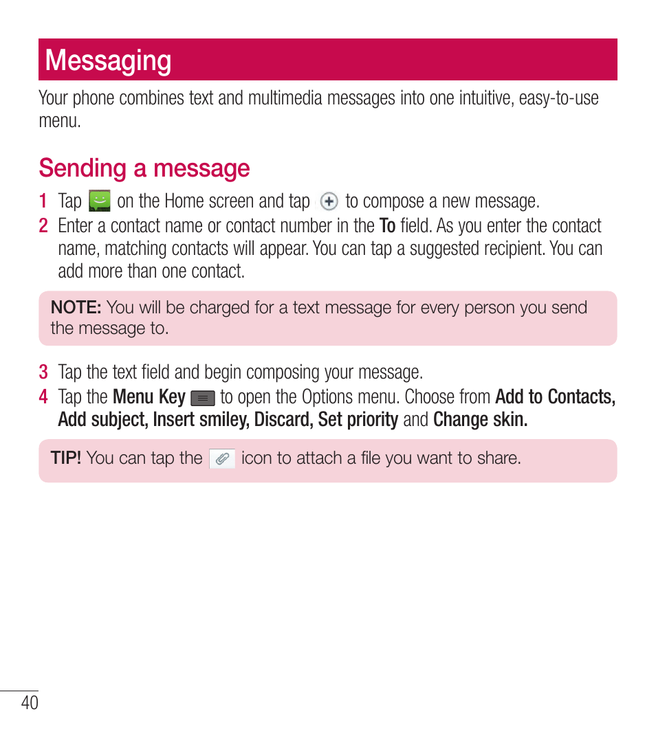 Messaging, Sending a message | LG LGL39C User Manual | Page 41 / 201