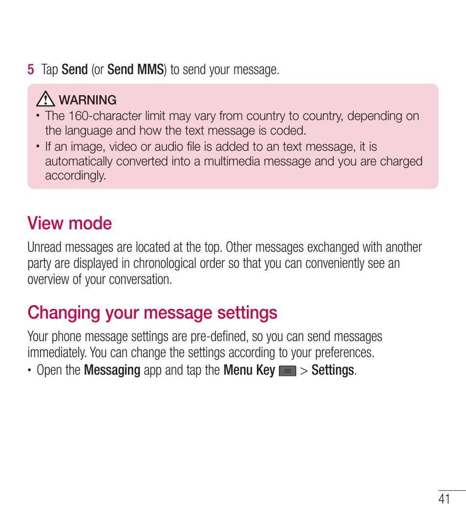 View mode, Changing your message settings | LG LGL39C User Manual | Page 42 / 201