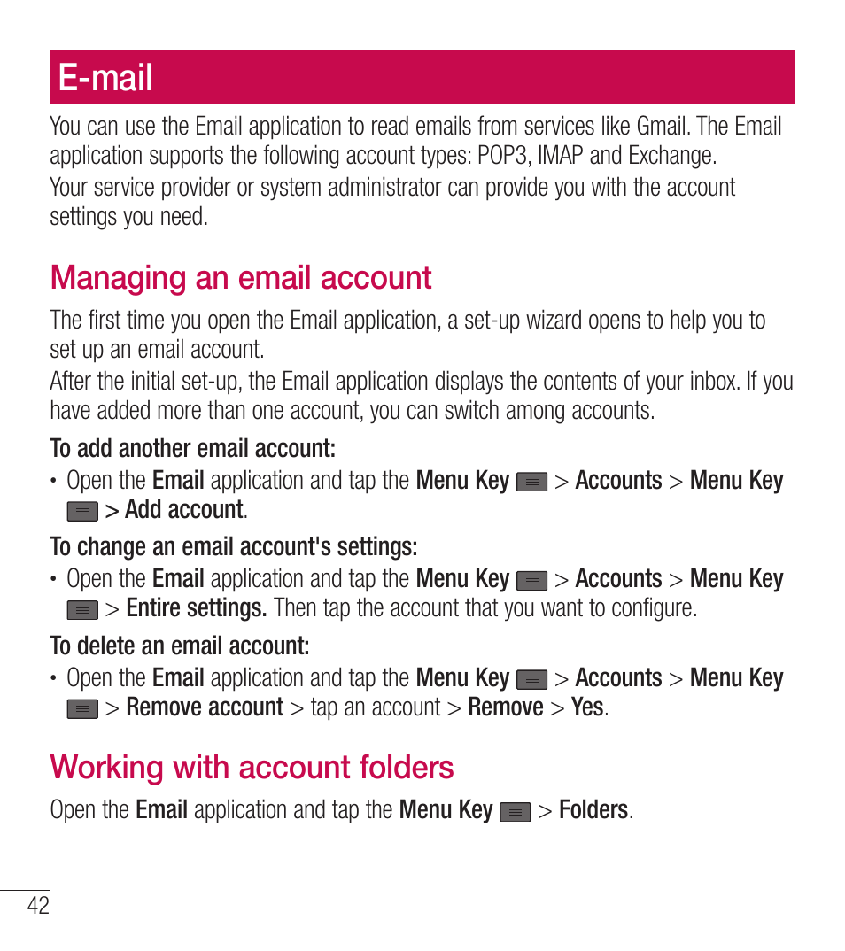 E-mail, Managing an email account, Working with account folders | LG LGL39C User Manual | Page 43 / 201