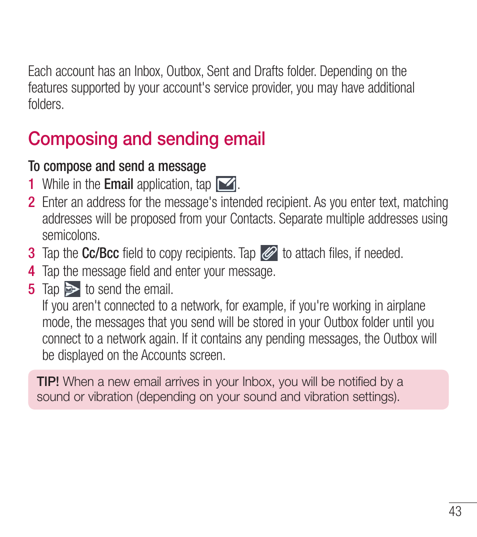 Composing and sending email | LG LGL39C User Manual | Page 44 / 201