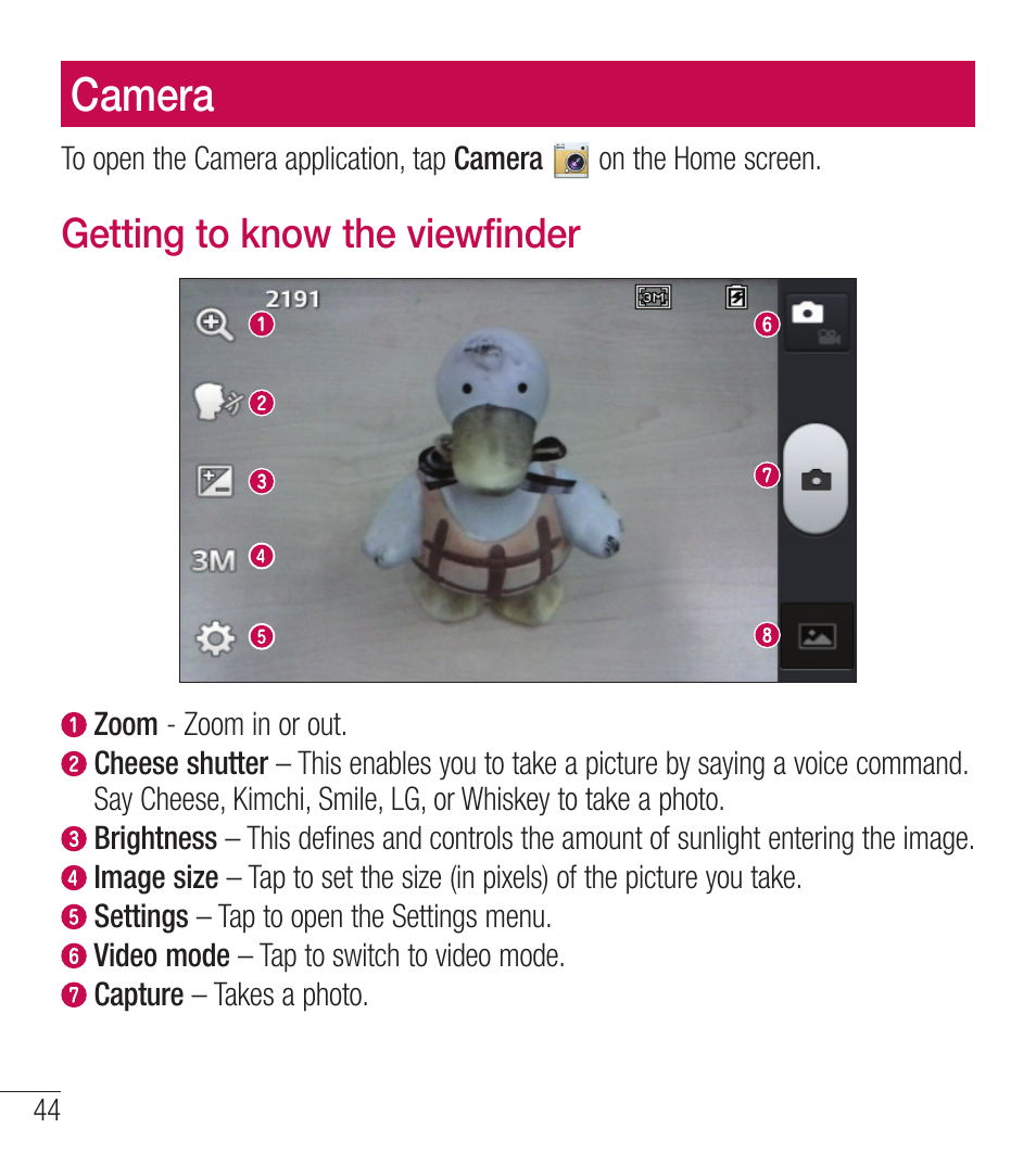 Camera, Getting to know the viewfinder | LG LGL39C User Manual | Page 45 / 201