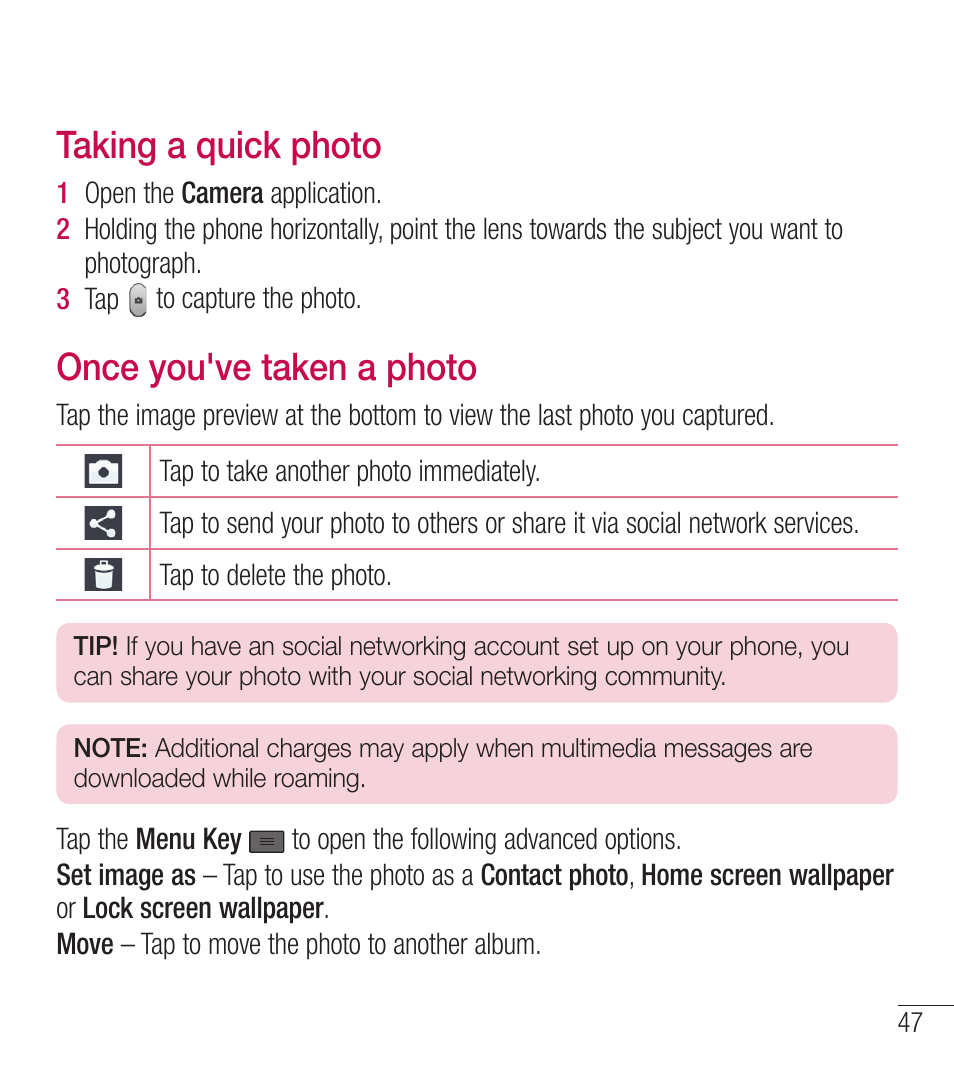 Taking a quick photo, Once you've taken a photo | LG LGL39C User Manual | Page 48 / 201